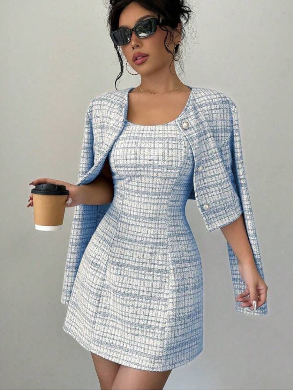 Elegant Blue Tweed Shift Dress with Matching Jacket
